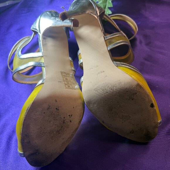 📌Scene Silver Yellow 4.5" High Heel Sandals with Ankle Straps and Zipper - Picture 8 of 15
